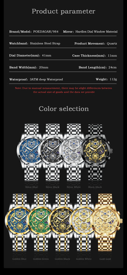 POEDAGAR Top Fashion Men's Watches Stainless Steel Date Chronograph Business Quartz Men Wristwatch Waterproof Luminous Man Watch