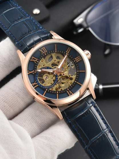 Pánske automatické hodinky, luxusný štýl, ciferník s rímskymi číslicami, viditeľný mechanizmus (skeletové vyhotovenie), vodotesné, luminiscenčné ručičky, kožený remienok – ideálny darček.