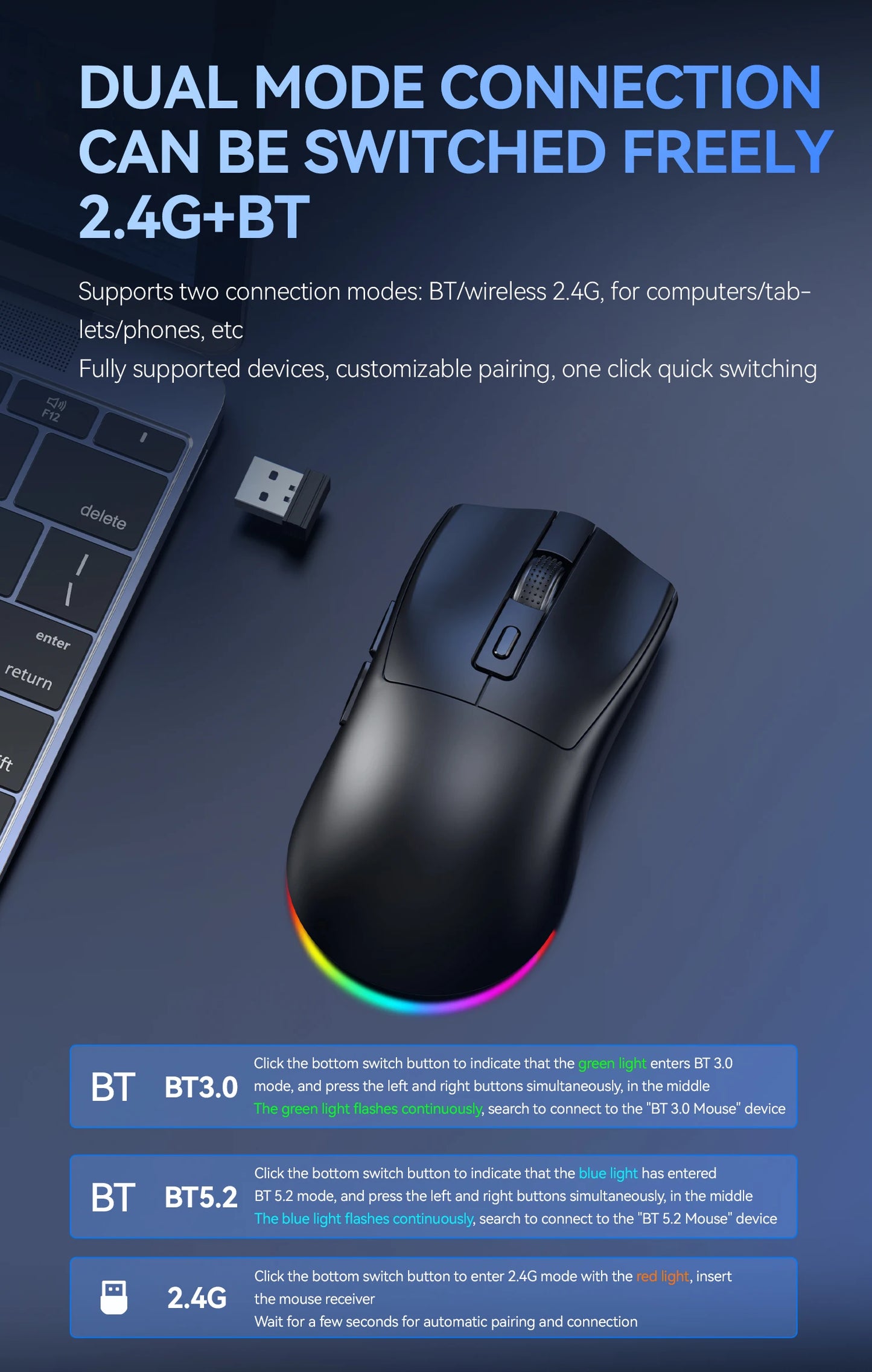 X3 Wireless Bluetooth Mouse 2.4G Dual-Mode Connection, DPI Adjustable, Lightweight Gaming Mouse, RGB Light, 300mAh Battery Capacity