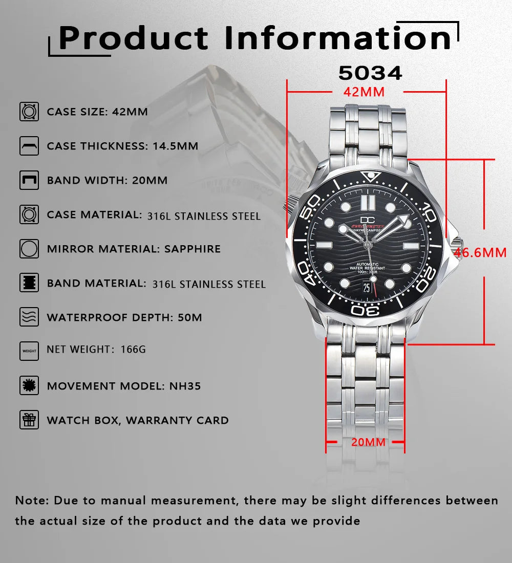 DWAYNE CAMPBELL Top Luxury NH35 Men's Automatic Mechanical Watch Ceramic Bezel Waterproof Classic Business Wristwatch