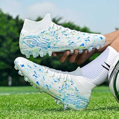 Chaussures de football pour hommes, crampons pour terrain en gazon, protection renforcée de la cheville, semelle intérieure absorbant les chocs, pour terrains en gazon naturel dur et légèrement artificiel.