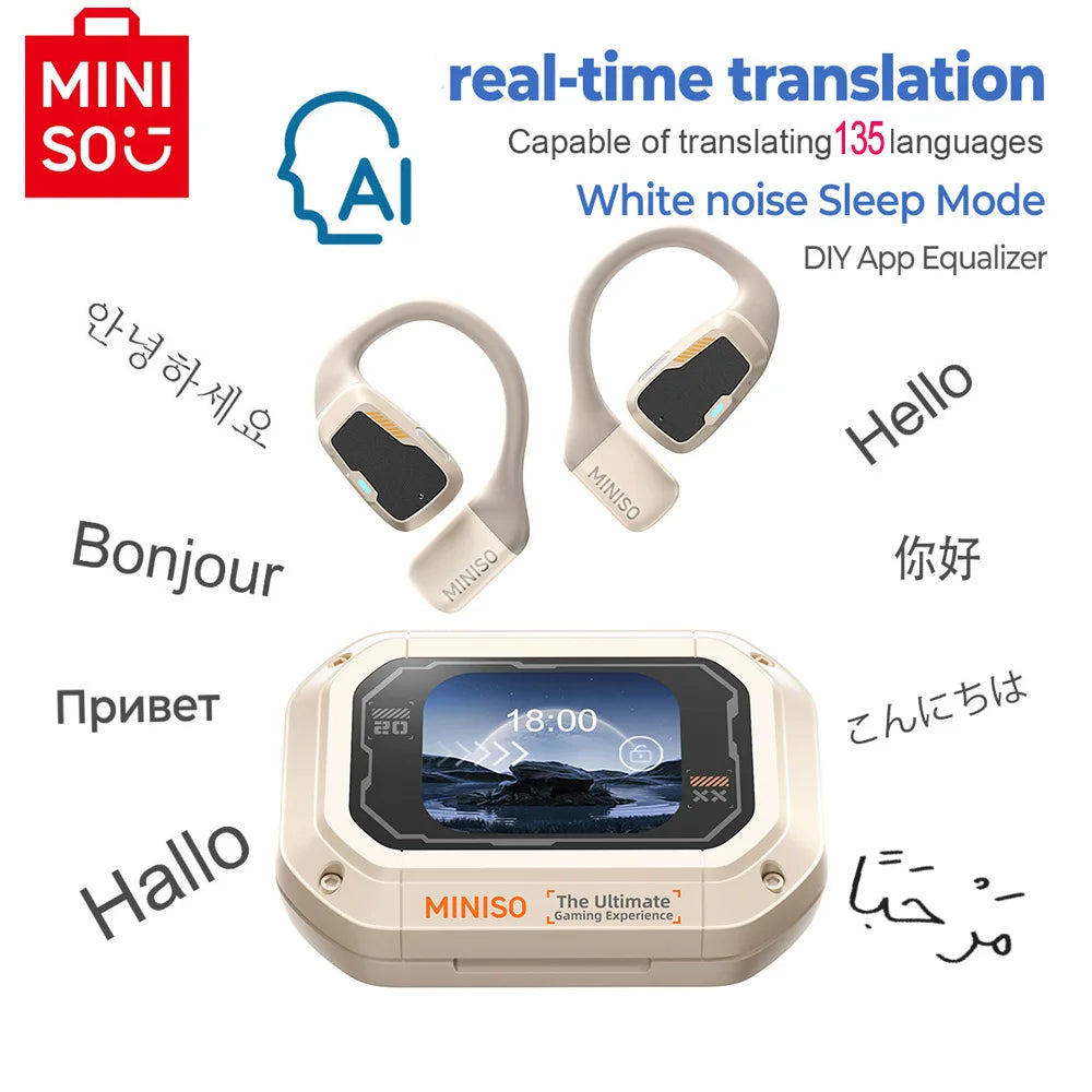 AI MINISO M98 Wireless Headphones OWS Bluetooth Earphones with AI Translator, Gaming Headset, Open Ear Sports Earbuds, LCD Touch Screen IPX5 Waterproof