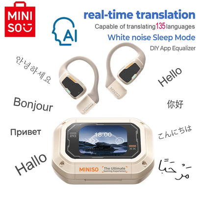 AI MINISO M98 Wireless Headphones OWS Bluetooth Earphones with AI Translator, Gaming Headset, Open Ear Sports Earbuds, LCD Touch Screen IPX5 Waterproof