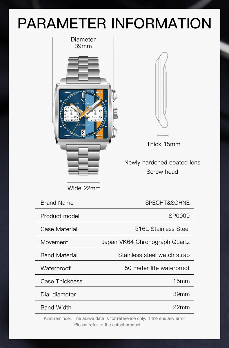 2024 Specht & Sohne New Classic Men's Quartz Watch Blue Color Stainless Steel Japan VK63 Movement Genuine Leather Montre Homme 39MM