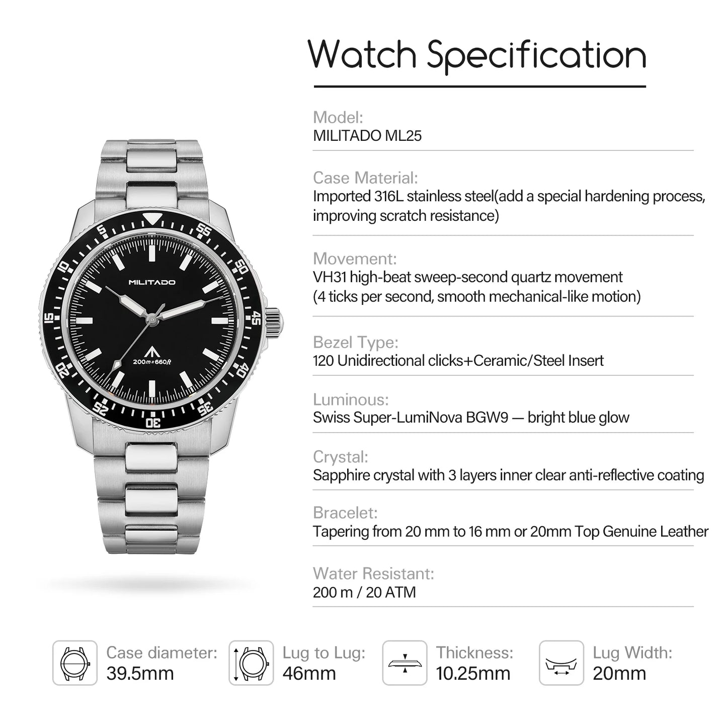 MILITADO ML25 Quartz Dive Watch VH31 Sweep Second Sapphire Crystal 200M Waterproof BGW9 Lume Ceramic Bezel Men Watch