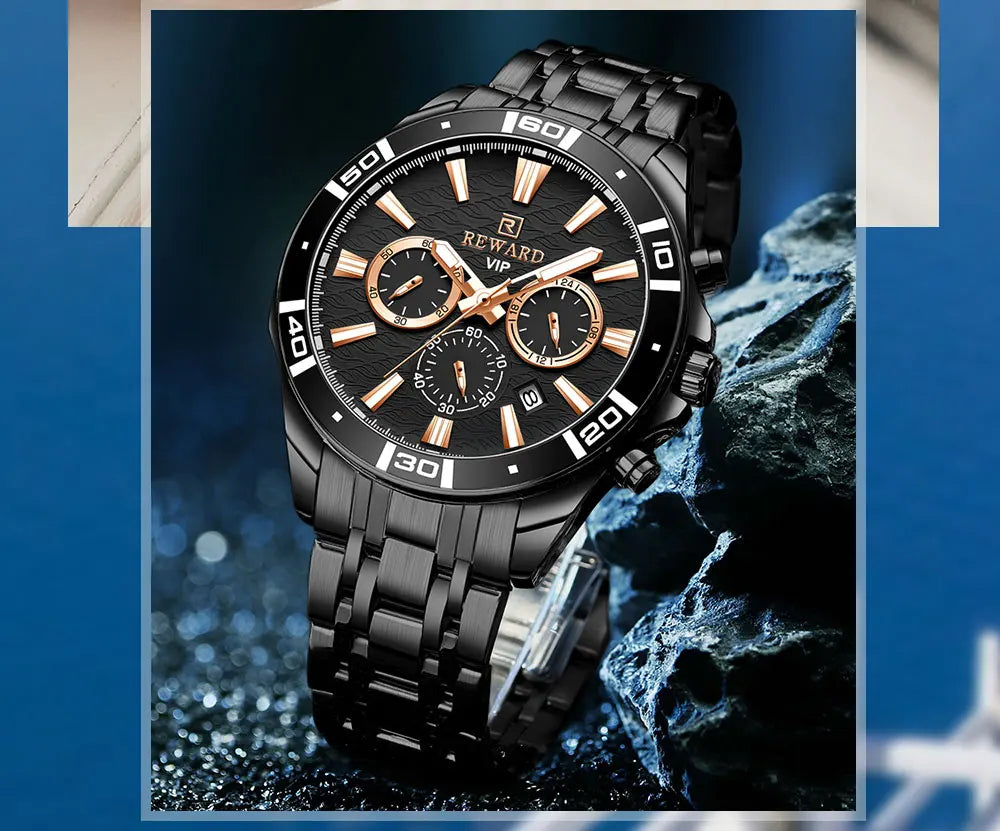 REWARD Mens Watches Waterproof  Luminous Quartz Wristwatch Business Stainless Steel Strap with gift box