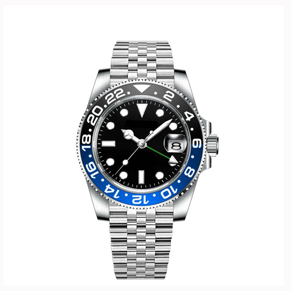 40MM Custom Logo New Men Quart Wristwatch Jubilee Stainless Quartz GMT Watch Sapphire Glass Men Watches Waterproof Luminous