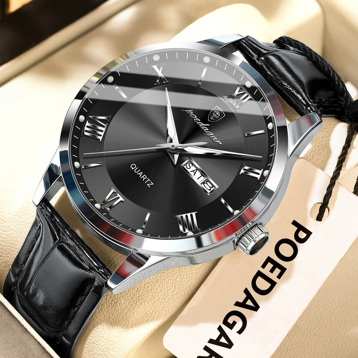 Montre homme tendance POEDAGAR, bracelet en cuir, date et semaine, montre à quartz de luxe, étanche, lumineuse, style business décontracté.