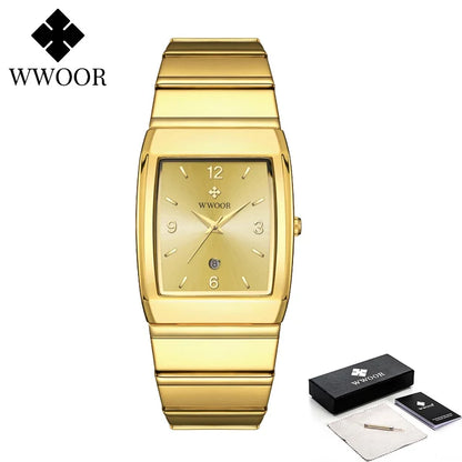 Relogio Masculino WWOOR New Man's Square Watch For Men with Automatic Date Luxury Stainless Steel Gold Mens Quartz Wrist Watches