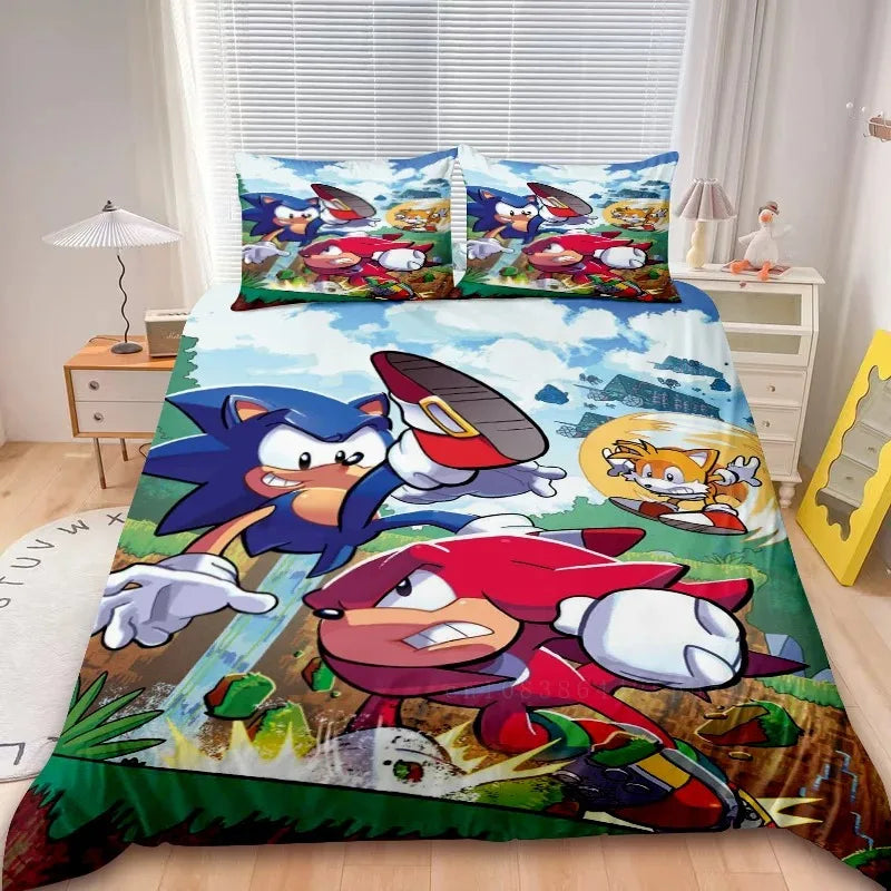 Conjunto de capa de edredão Sonic de 2/3 peças para crianças, conjunto de roupa de cama com capa de edredão para decoração de quarto, adolescentes e presentes para crianças, cama individual ou de casal