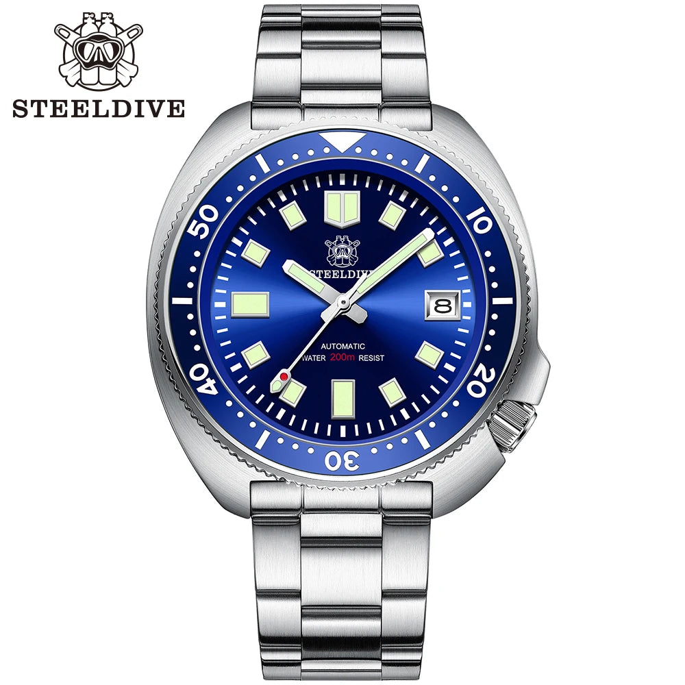 SD1970 Steeldive Brand Sunray Dial Milled Clasp Bracelet 44mm Case 200M Waterproof NH35 Turtle Men Dive Watch with Ceramic Bezel