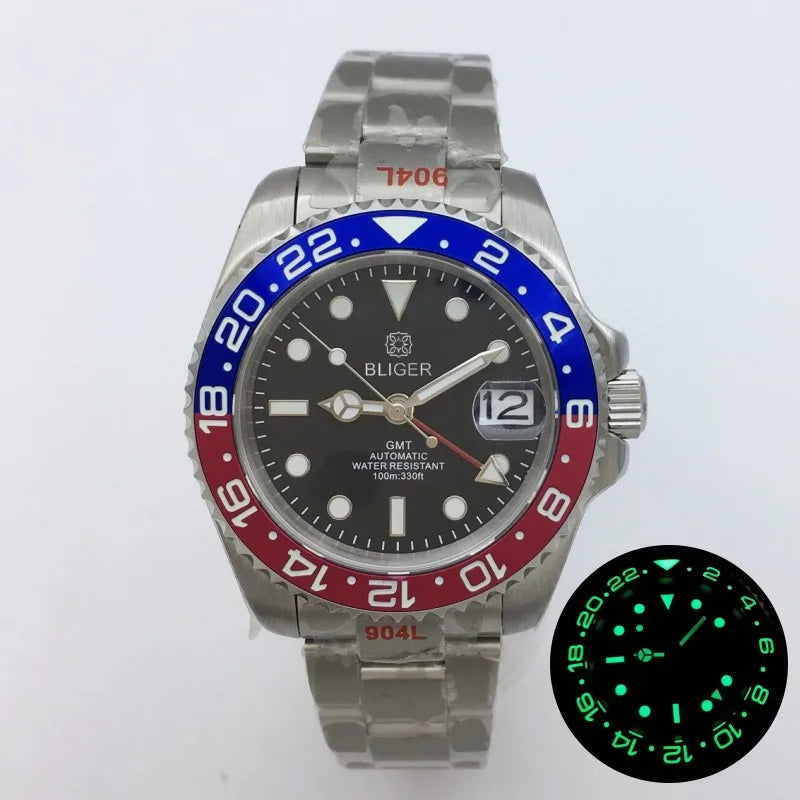 BLIGER 40mm NH34 GMT Watch For Men Mechanical Wristwatch Luminous Bezel Sapphire Glass Stainless Steel Bracelet Men's Watch