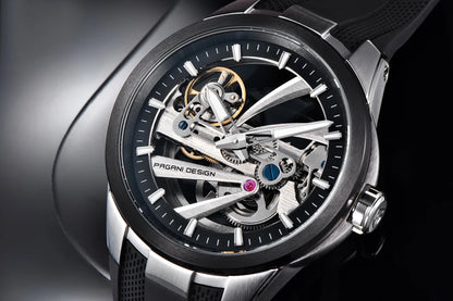 Ceas pentru bărbați PAGANI DESIGN – Model mecanic automat de lux, de tip „schelet” (cu mecanism expus), dotat cu un tourbillon, sticlă de safir cu tratament antireflex, rezistent la apă și luminescent.