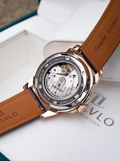 OBLVLO Men Automatic Watch 40mm Mechanical Wristwatch 5ATM Luminous Crystal Bezel Year,Month,Week,Date,24 Hours TY1655 Mov.