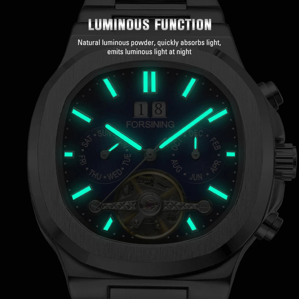 Forsining 481 Military Man Tourbillon Hands Watch Week Date Automatic Mechanical Watches Stainless Steel Clock Relogio Masculino