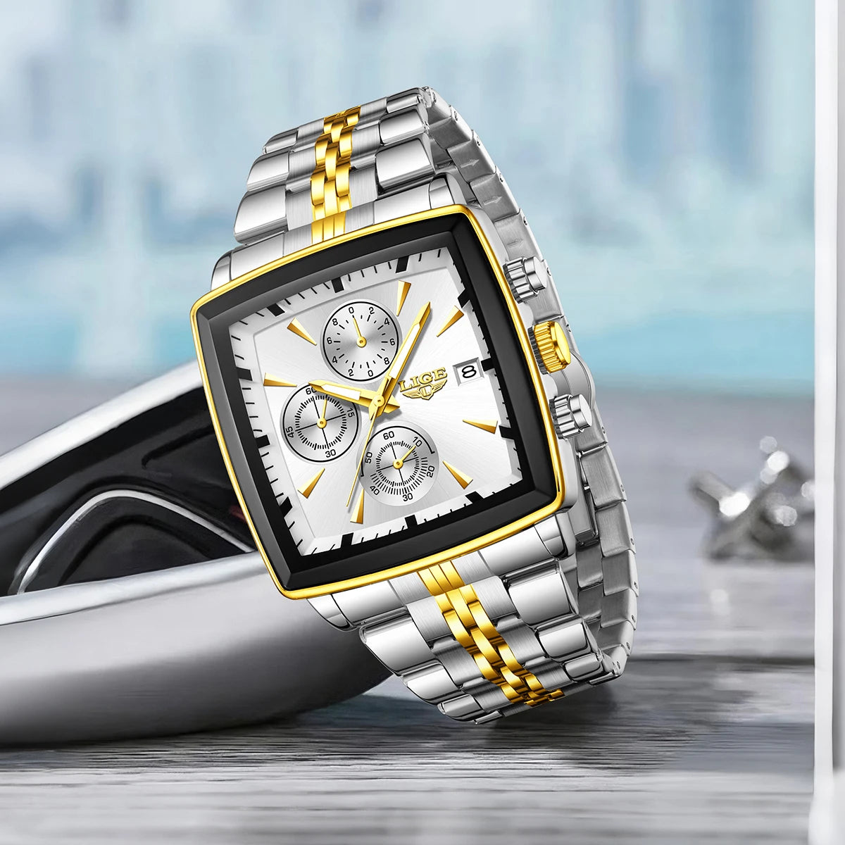 LIGE Luxusuhren für Herren, quadratisches Modell, klassischer und trendiger Stil, aus Edelstahl, wasserdicht, sportlich und lässig, mit Quarzwerk.