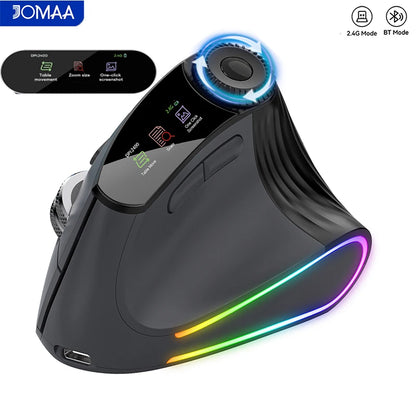Jomaa RGB-verlichte Speed Roller draadloze verticale muis met functie-instelknop, Bluetooth USB, ergonomische muis, stille klik