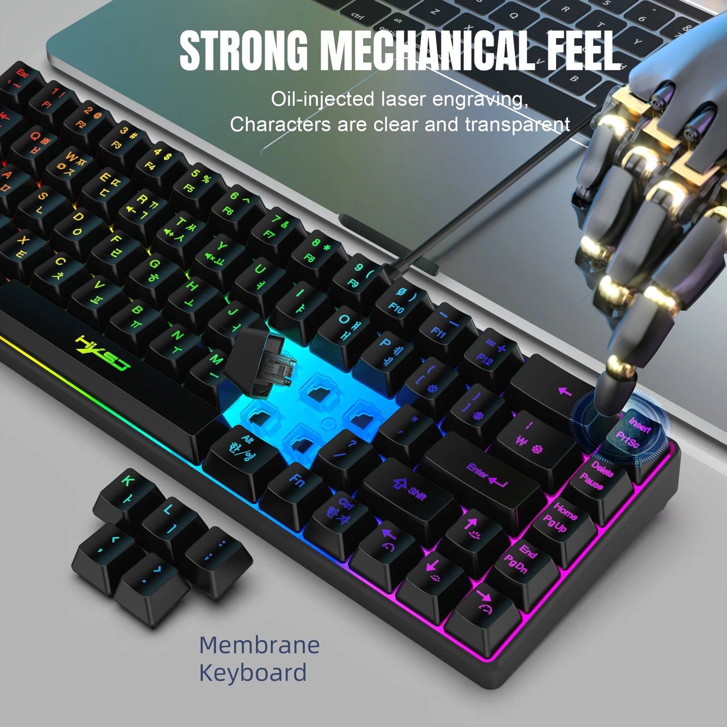 Teclado gaming de 68 teclas USB com fios portátil, retroiluminação RGB 20, teclado coreano para portáteis e computadores Windows