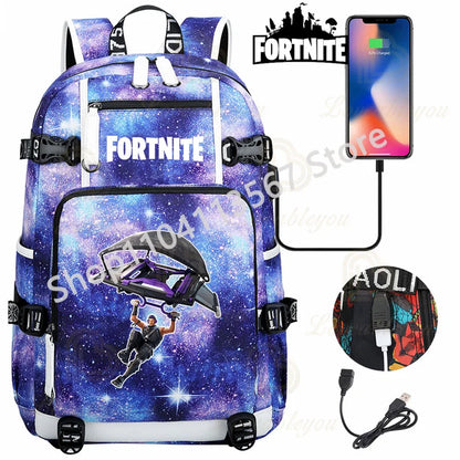 Mochila Red Jade F-Fortnited Battle Royale com carregamento USB, figuras anime e compartimento para material escolar para estudantes