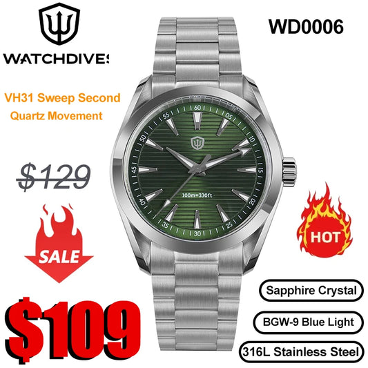 Watchdives WD0006 Watch VH31 Sweep Second Movement Domed Sapphire Crystal BGW9 Luminous 10Bar Waterproof 38mm Vintage Watches