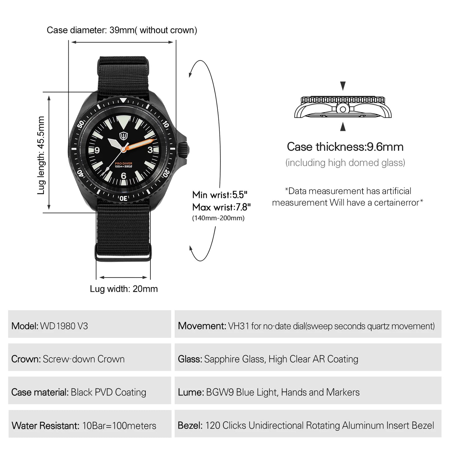 Reloj de lujo Watchdives WD1980 V3 con movimiento de cuarzo VH31 de segundero fluido, cristal de zafiro con revestimiento AR, resistencia al agua 10Bar, reloj para hombre