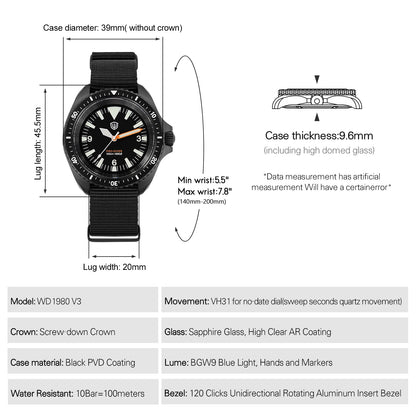 Reloj de lujo Watchdives WD1980 V3 con movimiento de cuarzo VH31 de segundero fluido, cristal de zafiro con revestimiento AR, resistencia al agua 10Bar, reloj para hombre