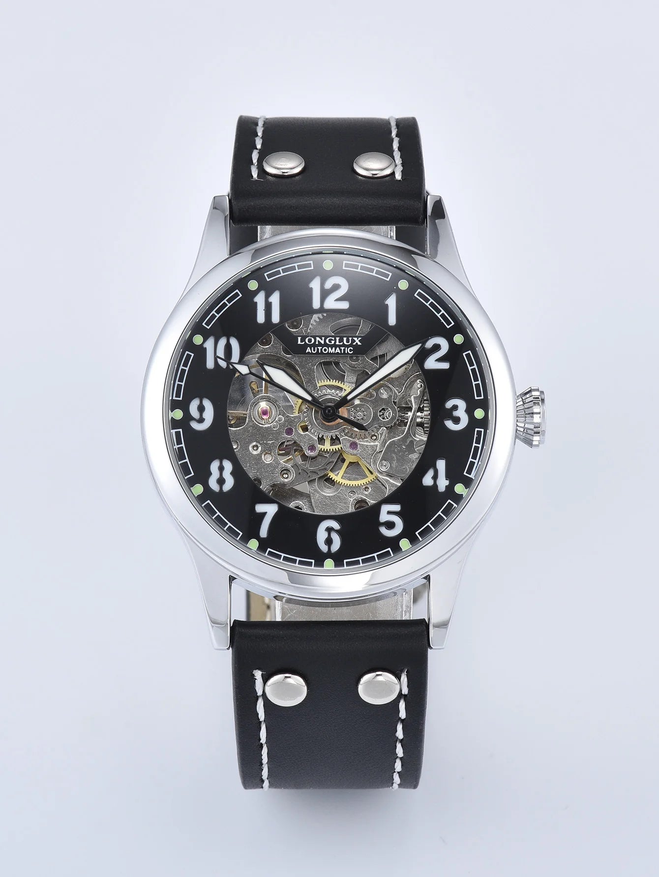 LONGLUX men automatic watch vintage pilot tough guy mechanical watches skeleton waterproof luminous leather gift