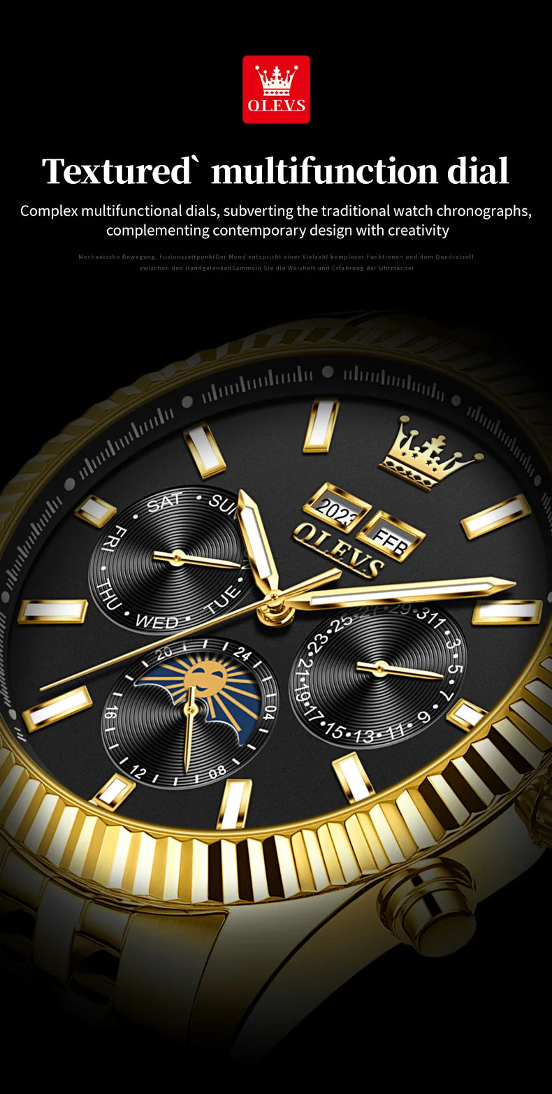 OLEVS 6688 Fashion Automatic Mechanical Men's Watch Moon Phase Dual Calendar Waterproof Luminous Luxury Business Watch for Man