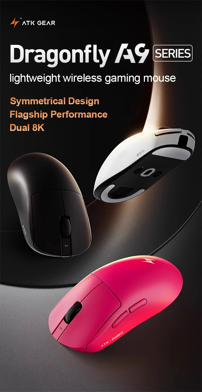 Ratón gaming inalámbrico ATK Dragonfly A9 Ultra PAW3950, ultraligero, trimodo, ergonómico, para esports y jugadores FPS, A9 SE Plus