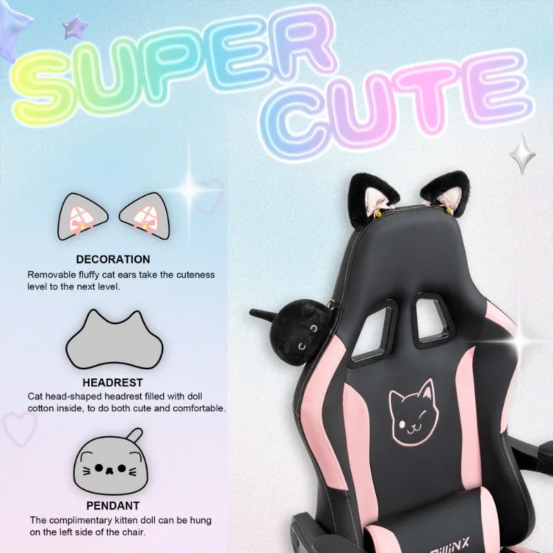 Sedia da gaming carina con orecchie da gatto, poggiapiedi, rosa kawaii, sedia per computer ergonomica con schienale alto, seduta gamer e supporto lombare a zampa di gatto