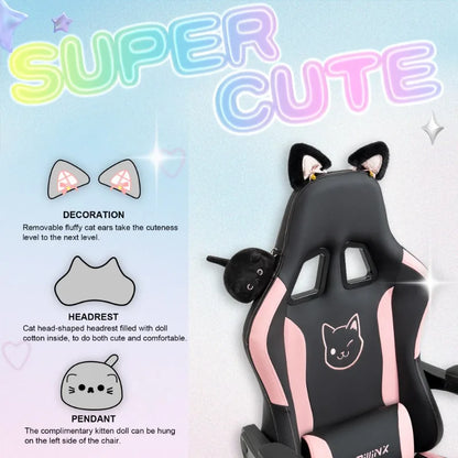 Sedia da gaming carina con orecchie da gatto, poggiapiedi, rosa kawaii, sedia per computer ergonomica con schienale alto, seduta gamer e supporto lombare a zampa di gatto