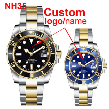 Custom logo NH35 MIYOTA 8215 Automatic Men Watch Luxury Diver Two Tone Gold 316L Stainless Steel Sapphire 10ATM Sterile  Sunburs