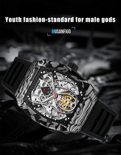 MUSANFIGO automatic hollow mechanical watch, barrel shaped fashionable men's trendy watch, luminous waterproof watch