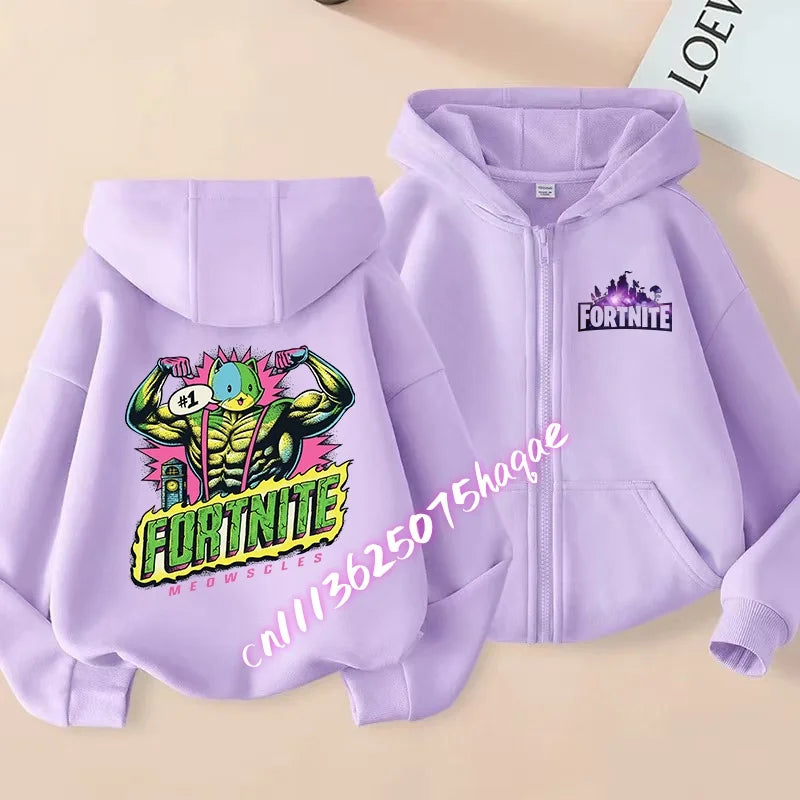 Nuova felpa con cappuccio autunnale per bambini Fortnite, giacca con zip e stampa personaggio cartoon del gioco, cappotto invernale per ragazzi