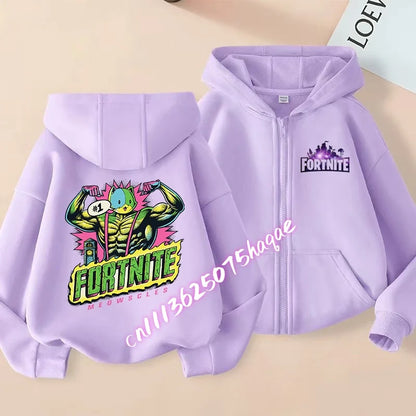 Nuova felpa con cappuccio autunnale per bambini Fortnite, giacca con zip e stampa personaggio cartoon del gioco, cappotto invernale per ragazzi