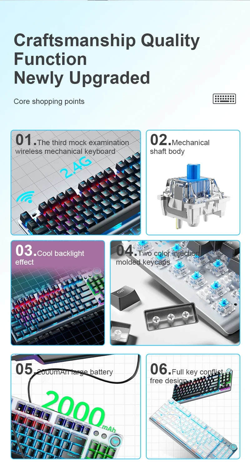 AULA F3001 Mechanical Keyboard Bluetooth Wireless Three Mode Metal Panel Two-color Injection Molding Cool Backlight Effect 87 Key