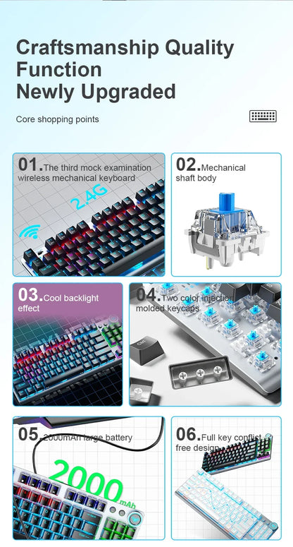 AULA F3001 Mechanical Keyboard Bluetooth Wireless Three Mode Metal Panel Two-color Injection Molding Cool Backlight Effect 87 Key