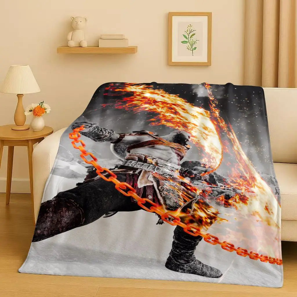 HD Kratos God of War Games Cartoon Gamer Flannel Blanket,Ultra Soft Warm Plush Throw for Home Bedroom Bed Sofa Cover Picnic Kids