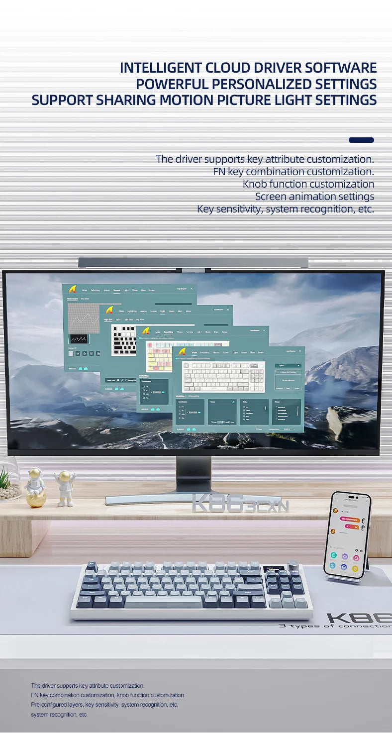 Tastiera meccanica ATTACK SHARK K86 con manopola in metallo, schermo smart TFT a colori, layout a 87 tasti, illuminazione RGB e connessione tri-mode