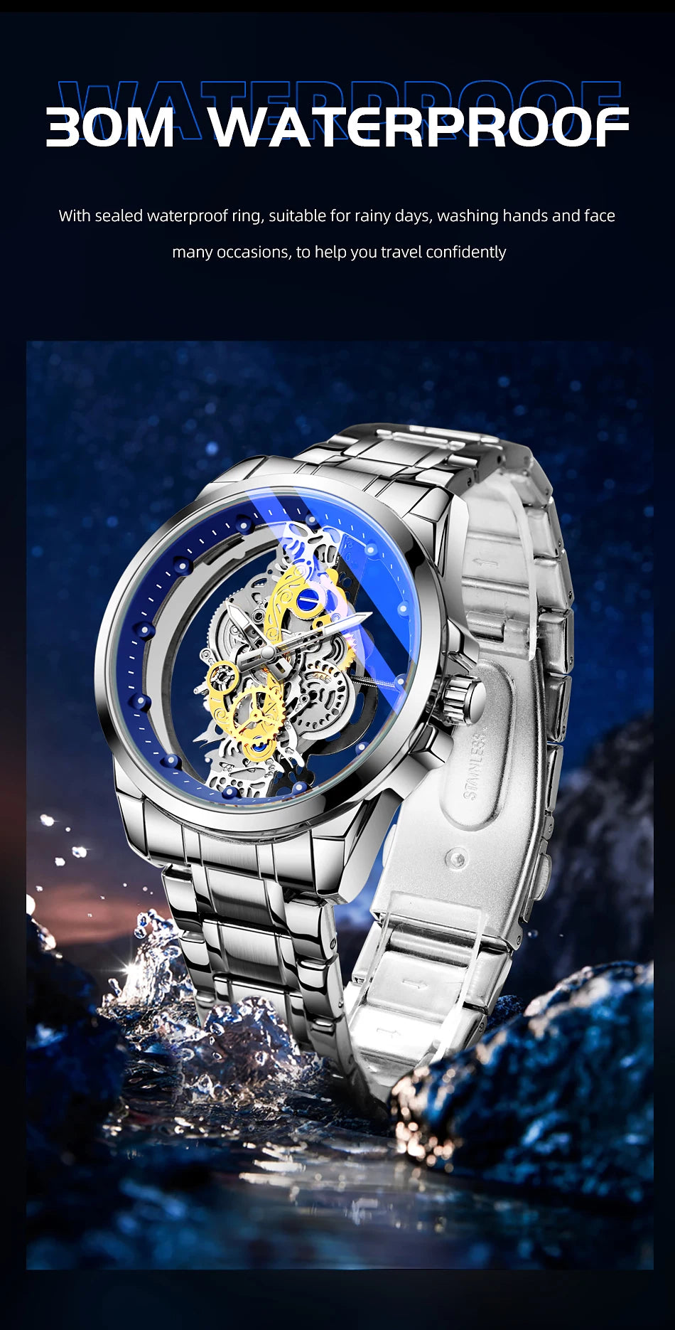 TPW Men’s Luxury Black & Gold Skeleton Quartz Watch Fashion Wristwatch