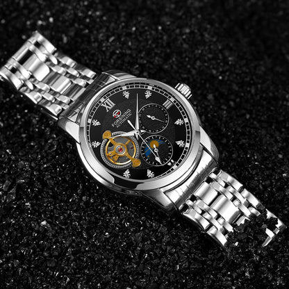 Relógio mecânico automático para homem Forsining – Estilo de luxo, empresarial e de moda, bracelete em metal, turbilhão, ponteiros luminescentes, adornado com diamantes artificiais