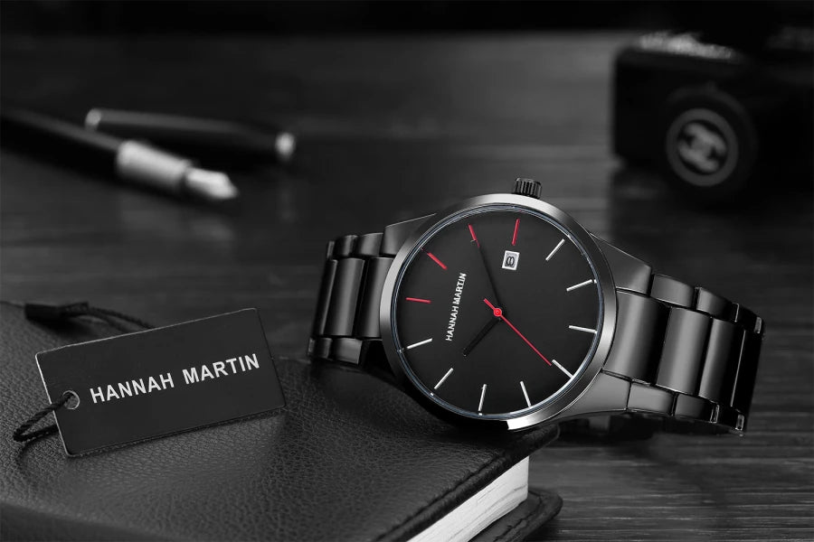 Reloj para hombre Hannah Martin, caja de acero inoxidable, mecanismo de cuarzo, esfera de 41 mm, estilo profesional, con indicador de calendario (imitación)