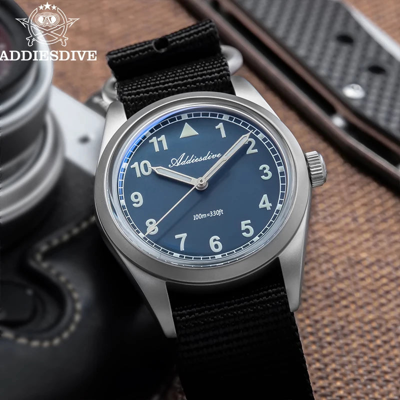 ADDIESDIVE 36mm Men's Analog Watch Bubble Mirror Glass 100m Waterproof Luminous Watch Simple men Quartz Watches with Nylon Strap