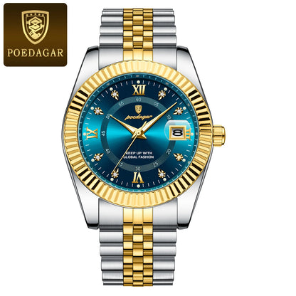 POEDAGAR Herrenuhr – Luxusmodell, wasserdicht, aus Edelstahl, mit Leuchtanzeige, im Militärstil, mit Datumsanzeige, Quarzwerk, ideal für die Arbeit oder berufliche Anlässe.