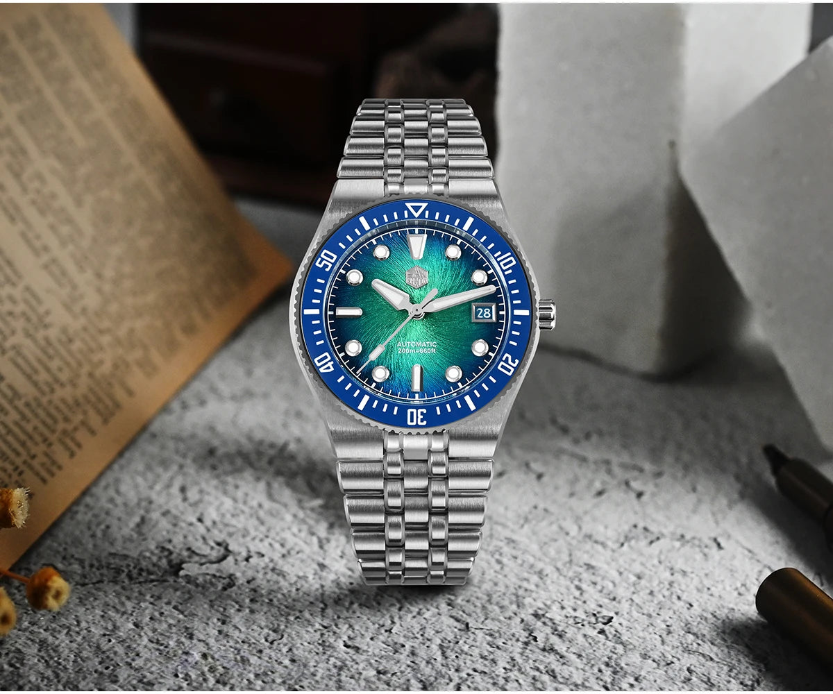 Orologio subacqueo di lusso da uomo San Martin 40mm, Miyota 9015, quadrante smaltato sunburst, automatico meccanico, impermeabile 200m, SN0148