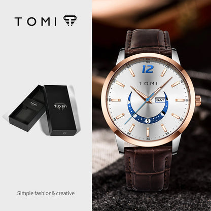 Reloj de cuarzo TOMI, de estilo elegante y profesional, con correa de piel, caja de aleación y esfera con agujas: diseño de alta gama, ideal como regalo para hombre.
