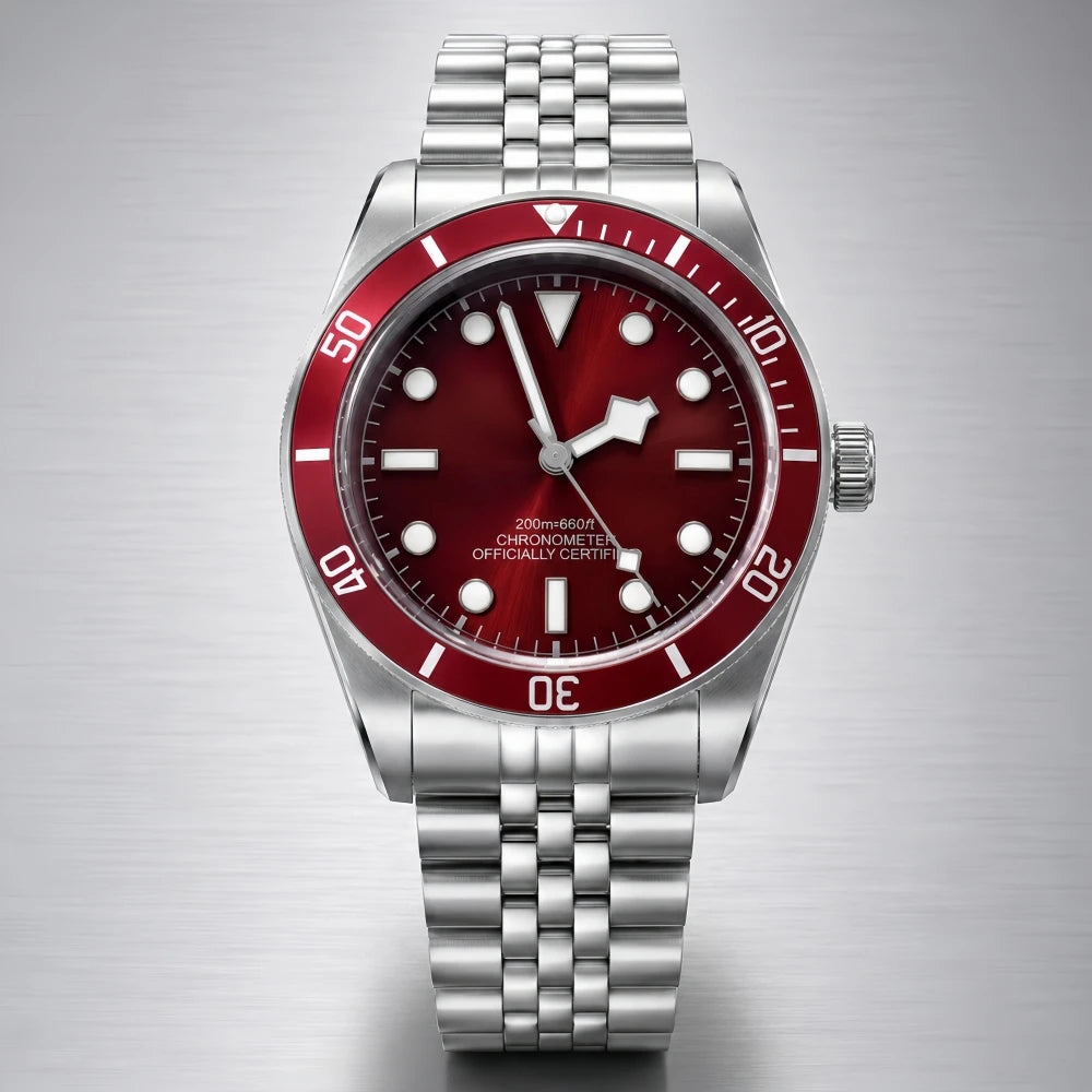 LARIMOKER NH35 39mm Automatic Men's Watch Domed Sapphire Glass 100m Diving Vintage Wine Red Insert Dial Super Luminous Watch