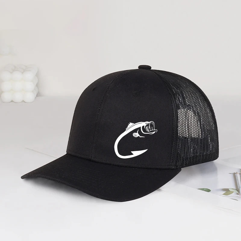Trucker-kasket med bass-fiskekrog-print, justerbar, unisex, mesh, til fiskeentusiaster, solhat