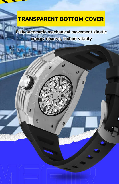 MEGIR Men's Automatic Mechanical Watch with Stainless Steel Case Sillicone Strap Fashion Waterproof Luminous Wristwatch 8604