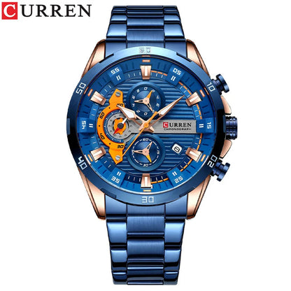 Montre homme de luxe CURREN 8402, neuve, en acier inoxydable, étanche, avec chronographe et éclairage nocturne.